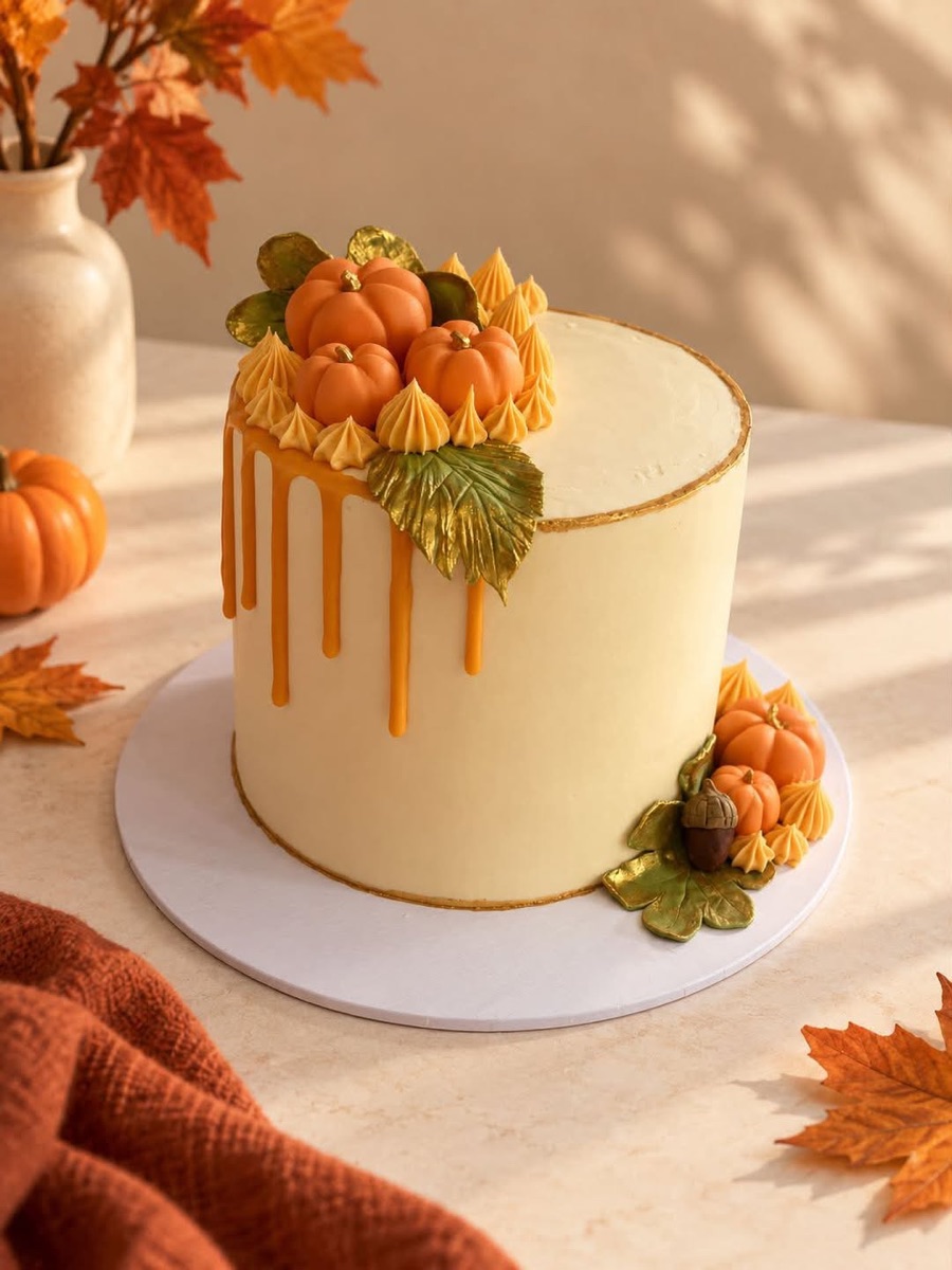 Cream buttercream cake with an orange drip, fondant pumpkins, gold leaves and an acorn, styled with autumn leaves