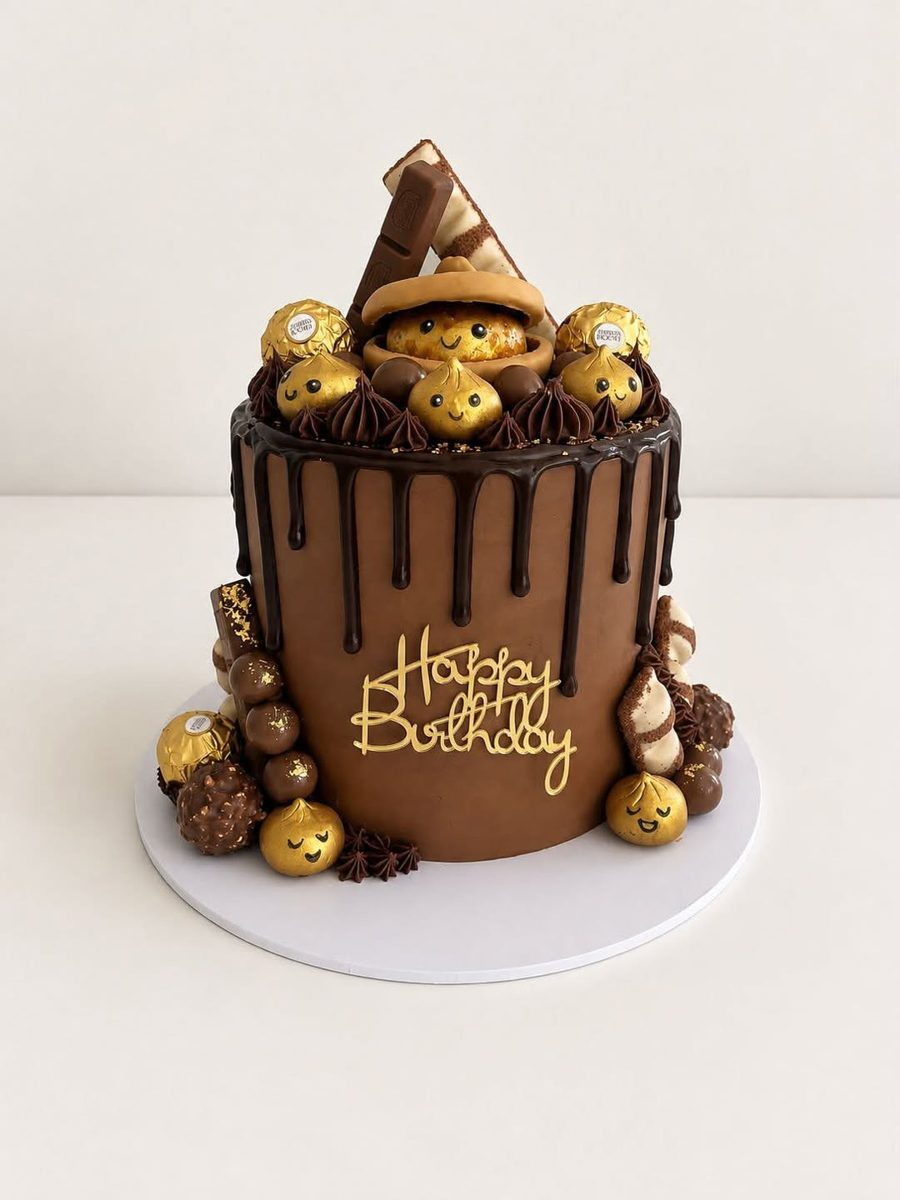 Chocolate drip cake topped with smiling gold dumpling characters, Ferrero Rocher and a Happy Birthday script topper