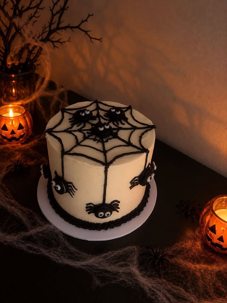 Buttercream Halloween cake with a piped black spider web and chocolate biscuit spiders, surrounded by pumpkin candles and cobwebs