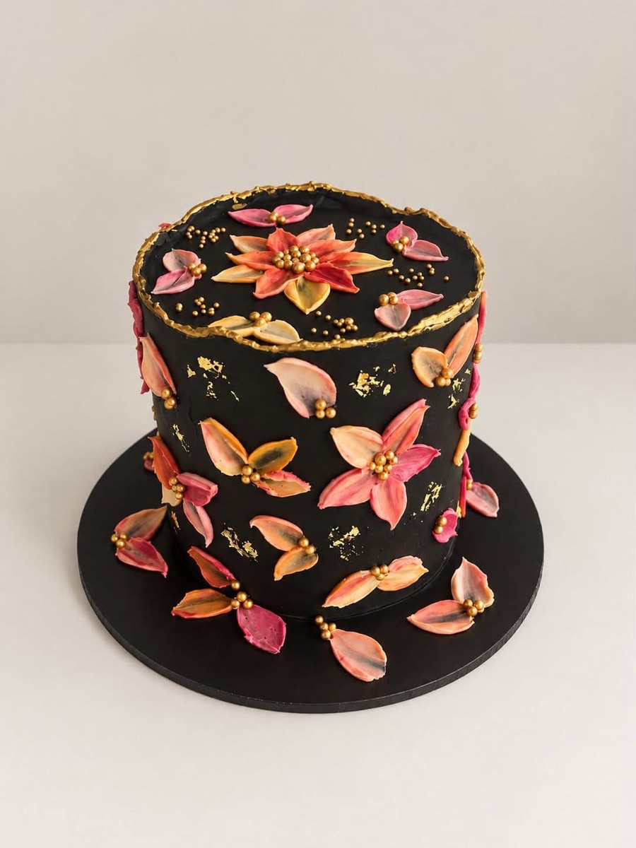 Black buttercream cake with palette-knife painted coral and pink flowers, gold leaf and gold pearls
