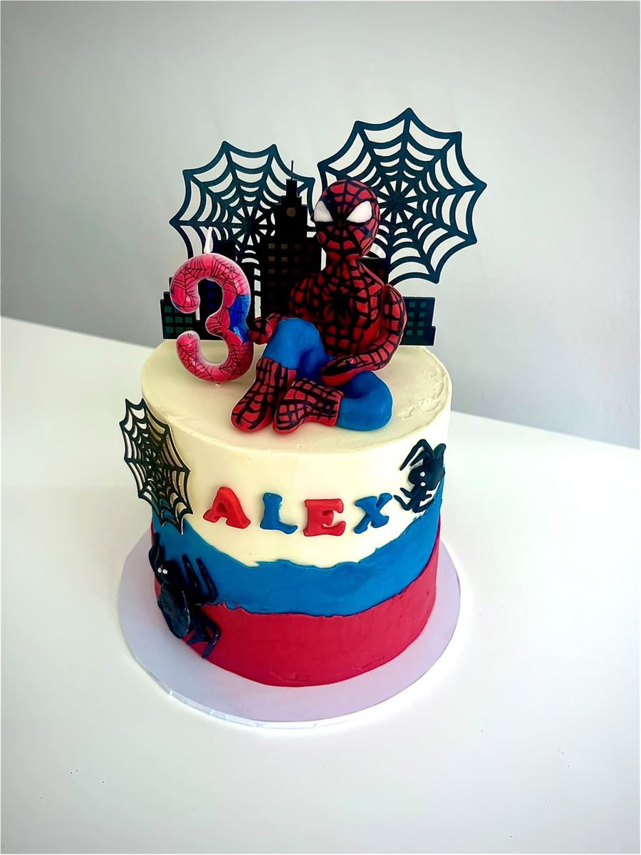 Spider-Man themed birthday cake with a modelled figure, webs and a city skyline topper