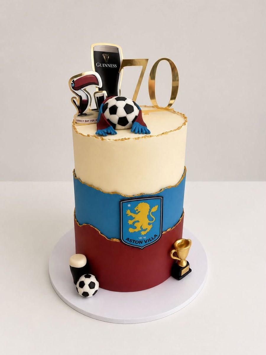 Three tier 70th birthday cake with an Aston Villa crest, Guinness topper and football decorations